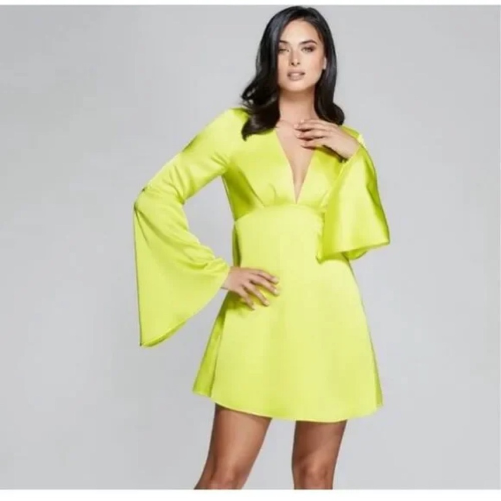 Marciano Chartreuse Plunge Neck Mini Dress - New with Tags - Picture 2 of 4